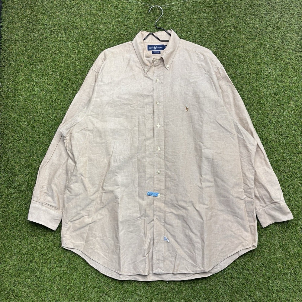 Ralph Lauren Yarmouth Button Up Shirt Mens 17.5/34 Beige Flesh Pony Cotton